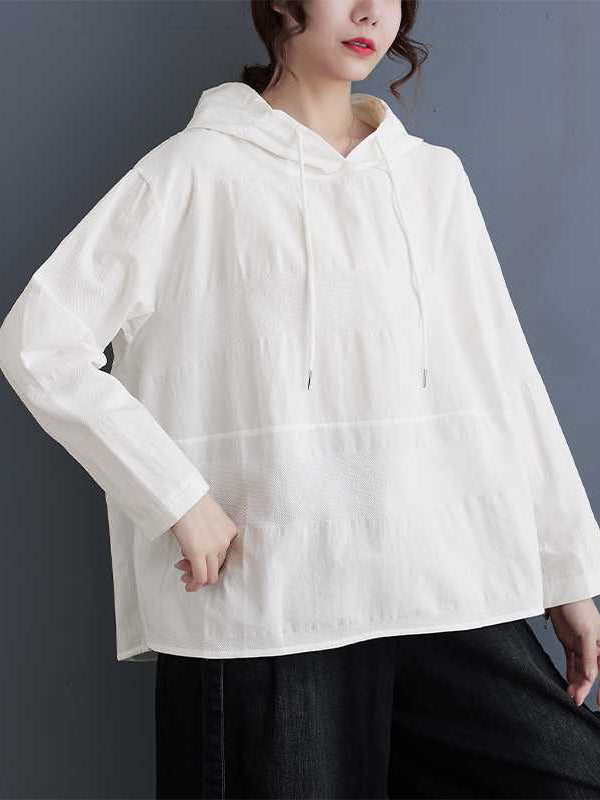 Long Sleeves Loose Drawstring Hooded Solid Color Split-Joint Round-Neck Hoodies Tops