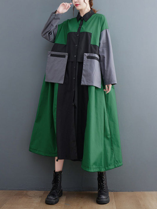 Vintage Loose Long Sleeves Contrast Color Polo Midi Dresses