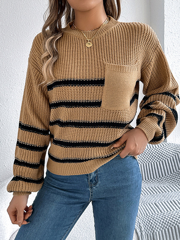 Long Sleeves Loose Contrast Color Pockets Split-Joint Round-Neck Pullovers Sweater Tops