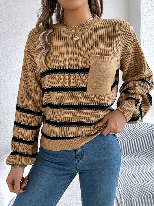 Long Sleeves Loose Contrast Color Pockets Split-Joint Round-Neck Pullovers Sweater Tops