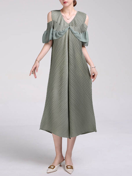 A-Line Loose Pleated Solid Color Split-Joint Cold Shoulder Midi Dresses