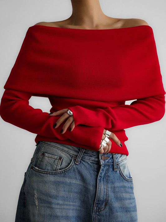 Long Sleeves Loose Solid Color Off-The-Shoulder Pullovers Sweater Tops