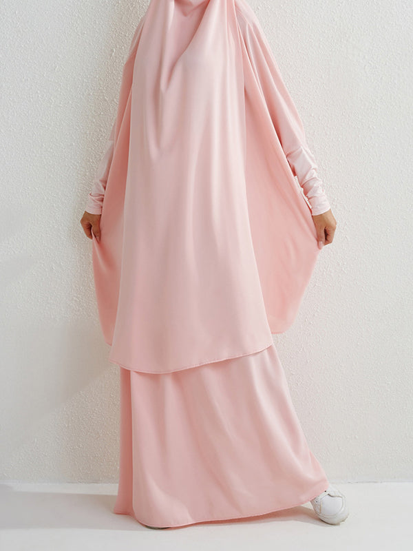Batwing Sleeves Long Sleeves Muslim Solid Color High Neck Shirts Top + Skirts Bottom Two Pieces Set