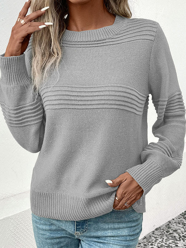 Long Sleeves Loose Solid Color Split-Joint Round-Neck Pullovers Sweater Tops