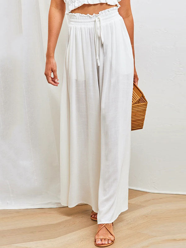 High Waisted Loose Drawstring Elasticity Pockets Solid Color Pants Trousers