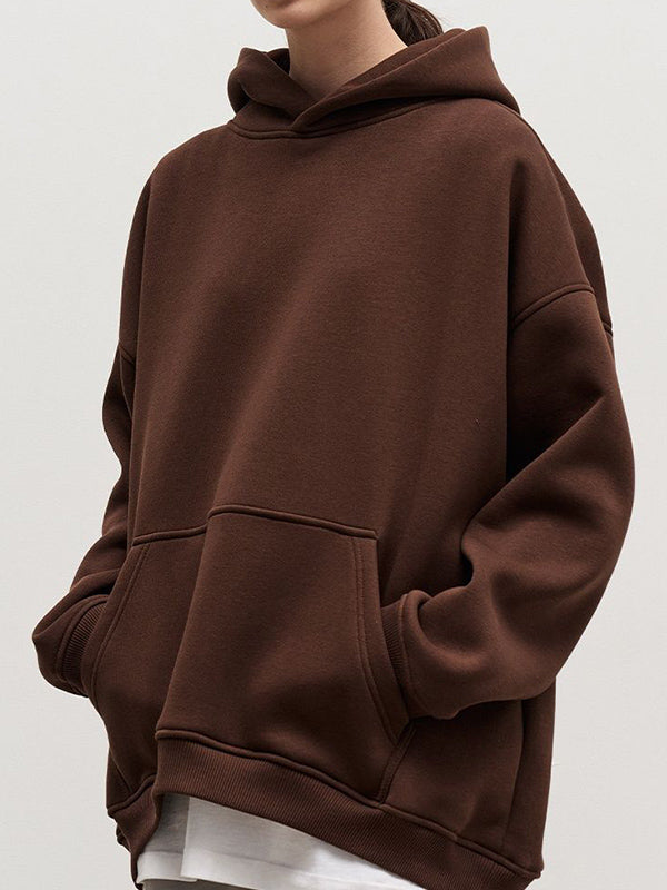 Long Sleeves Loose Pockets Solid Color Velvet Hooded Hoodies Tops