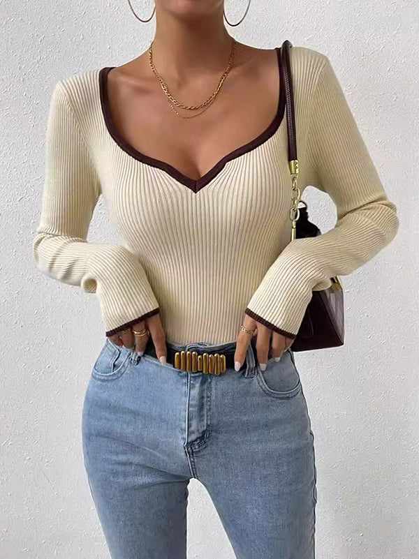 Long Sleeves Skinny Pleated Split-Joint V-Neck Sweater Tops