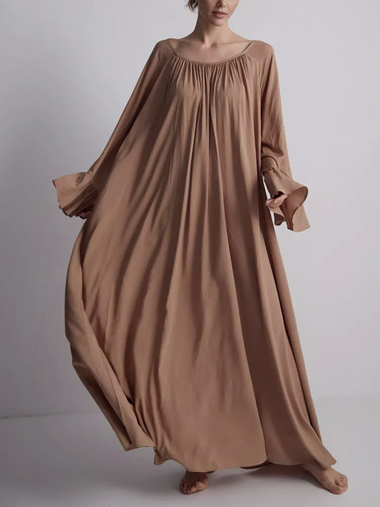 A-Line Flared Sleeves Pleated Solid Color Split-Joint Round-Neck Maxi Dresses