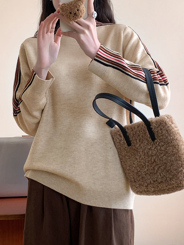 Long Sleeves Loose Contrast Color Striped Mock Neck Pullovers Sweater Tops