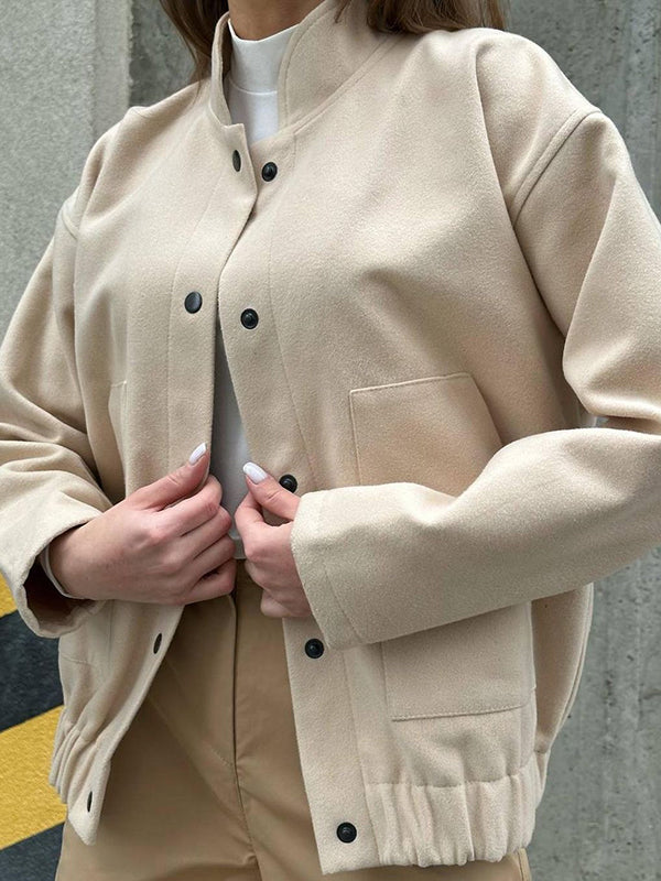 Long Sleeves Loose Buttoned Elasticity Pockets Solid Color Split-Joint Stand Collar Jackets Outerwear