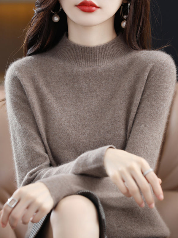 Casual Long Sleeves Solid Color Half Turtleneck Sweater Tops