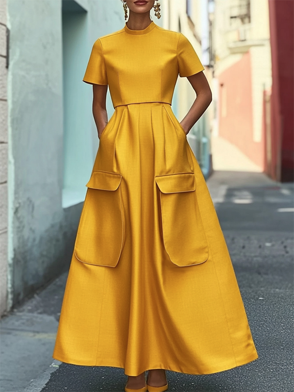 Short Sleeves Pockets Solid Color Stand Collar Maxi Dresses