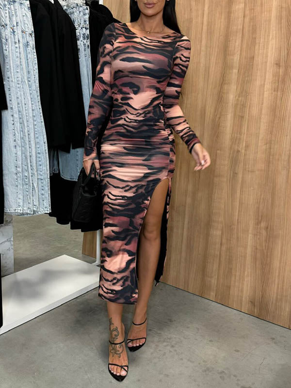 Bodycon Long Sleeves Contrast Color Split-Side Round-Neck Midi Dresses