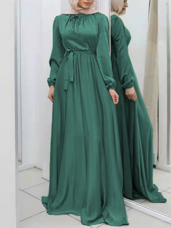 Long Sleeves Loose Pleated Solid Color Tied Waist Maxi Dresses