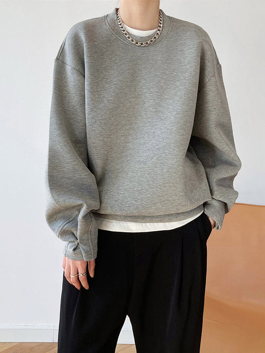 Long Sleeves Loose Solid Color Round-Neck Sweatshirt Tops