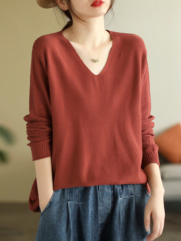 Long Sleeves Loose Solid Color V-Neck Sweater Tops