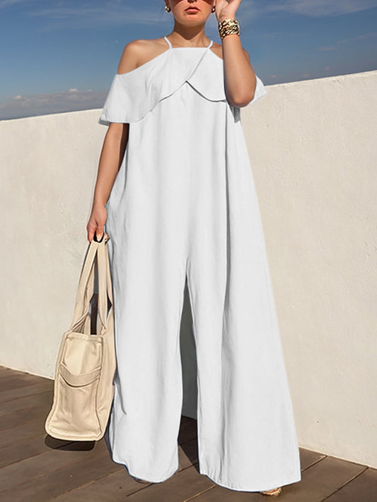 High Waisted Loose Solid Color Zipper Cold Shoulder Jumpsuits