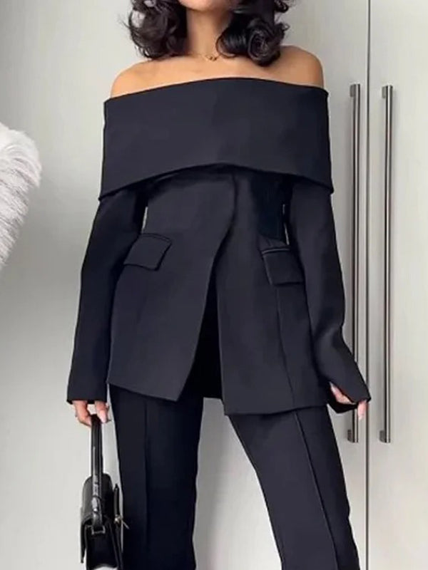 Long Sleeves Solid Color Split-Front Split-Joint Off-The-Shoulder Blazer