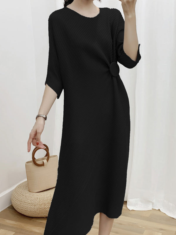 Half Sleeves Irregular Clipping Pleated Solid Color Round-Neck Midi Dresses