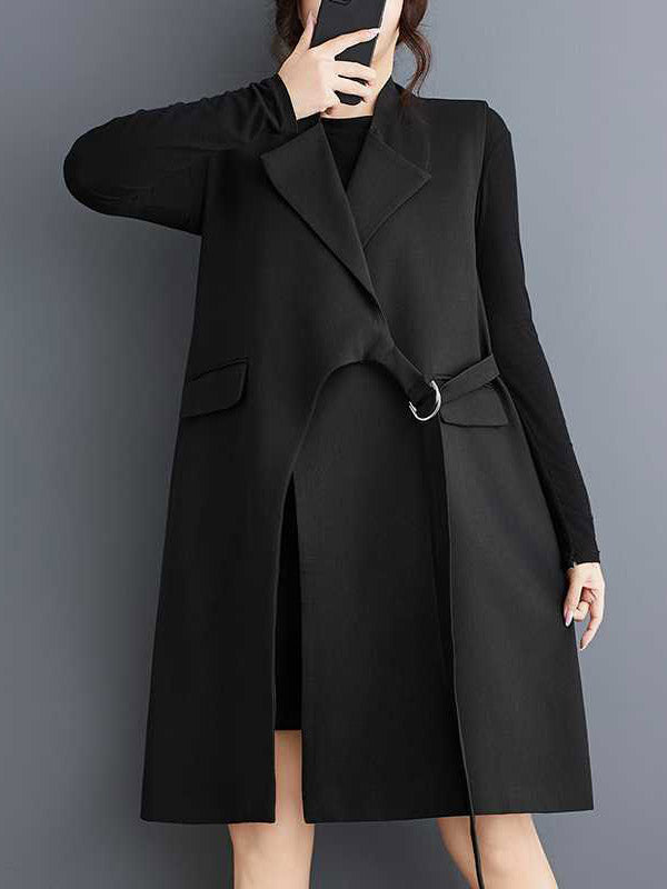 Loose Sleeveless Asymmetric Solid Color Split-Joint Notched Collar Vest Outerwear