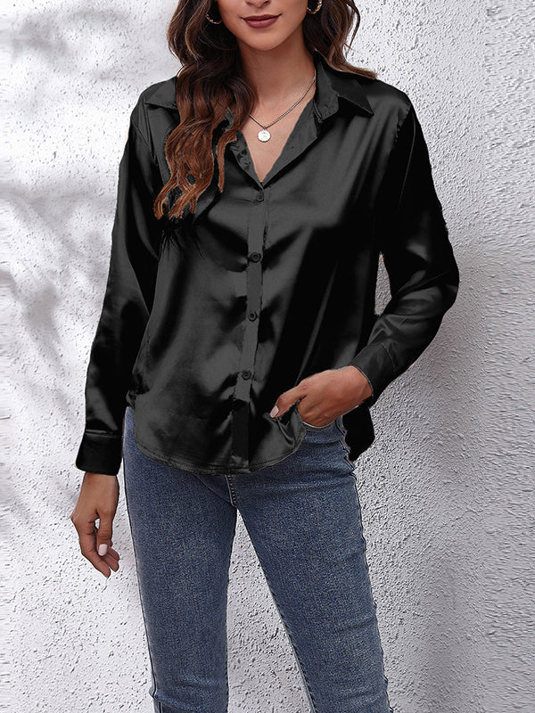 Long Sleeves Loose Solid Color Lapel Blouses