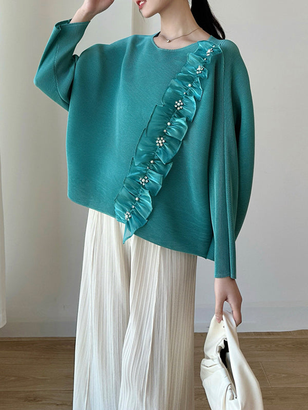 Batwing Sleeves Long Sleeves Pleated Ruffle Trim Solid Color Split-Joint Round-Neck T-Shirts Tops