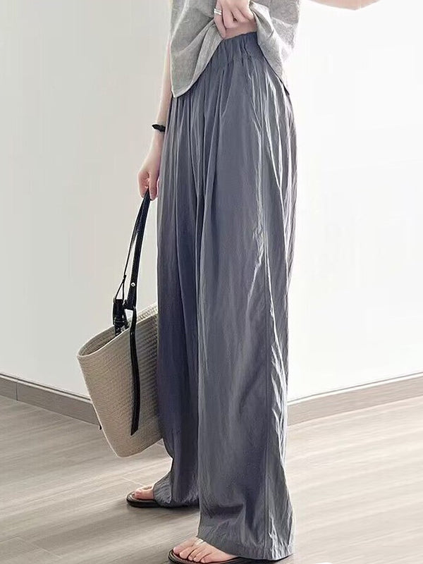 High Waisted Loose Elasticity Pleated Pockets Solid Color Pants Trousers