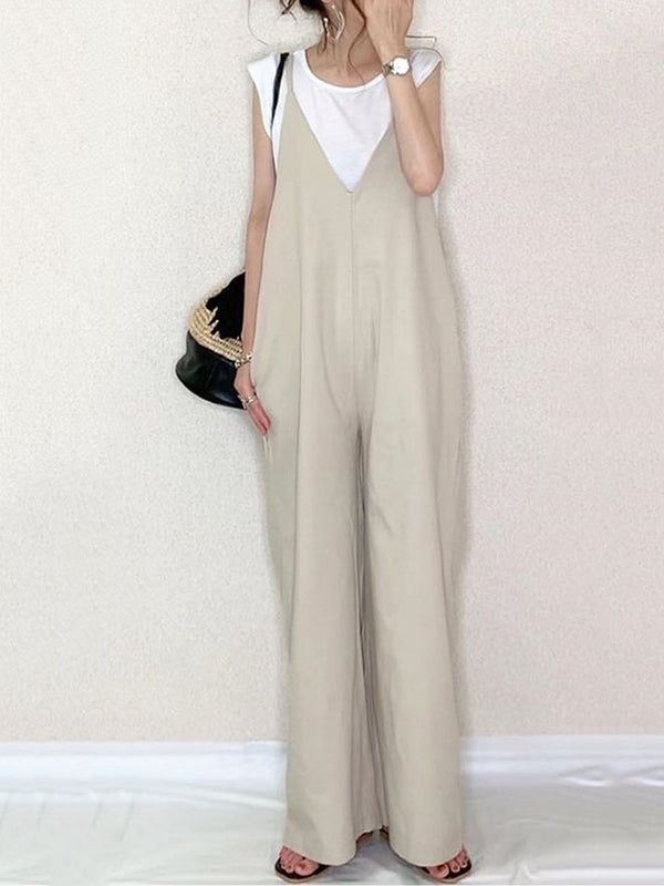 Loose Sleeveless Solid Color Split-Joint Spaghetti-Neck Overalls
