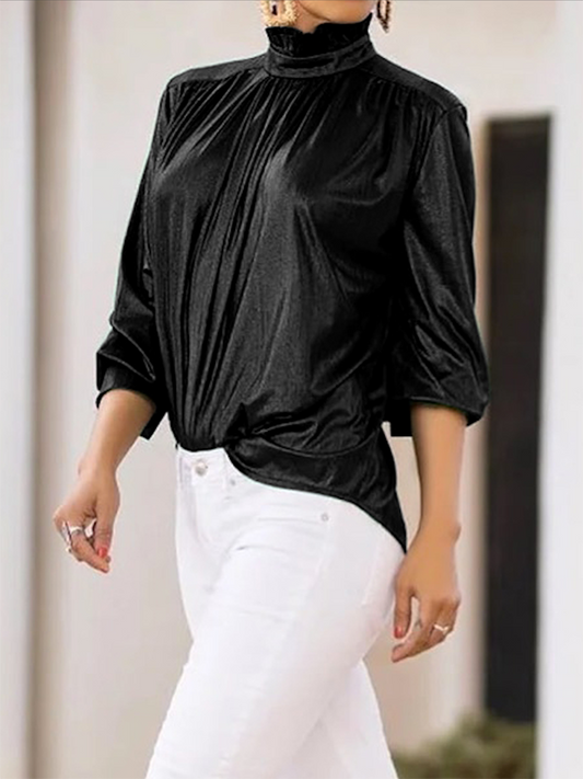 Loose Three-Quarter Sleeves Shiny Solid Color High-Neck Blouses&Shirts Tops
