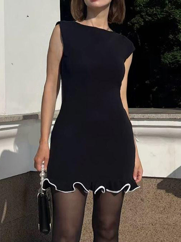 High Waisted Sleeveless Ruffle Trim Solid Color Round-Neck Mini Dresses