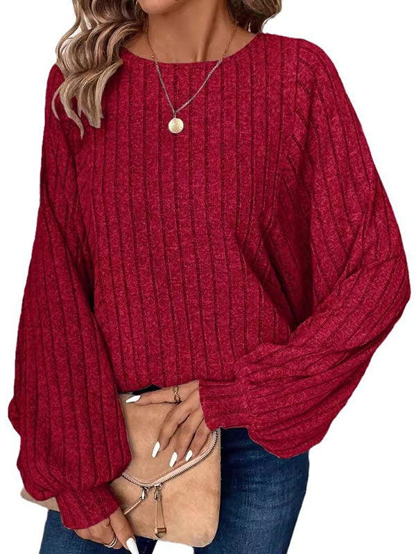Puff Sleeves Loose Solid Color Split-Joint Round-Neck T-Shirts Tops