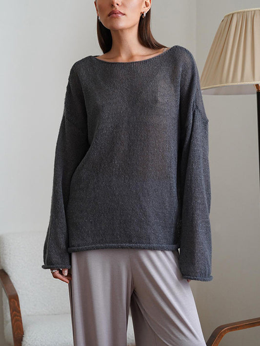 Long Sleeves Loose See-Through Solid Color Split-Joint Round-Neck Sweater Tops