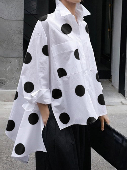 Long Sleeves Loose Polka-Dot Split-Joint Lapel Blouses&shirts Tops