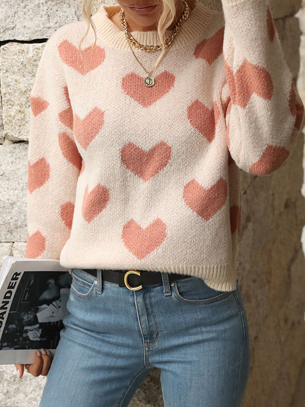 Long Sleeves Loose Heart Print Jacquard Split-Joint Round-Neck Pullovers Sweater Tops