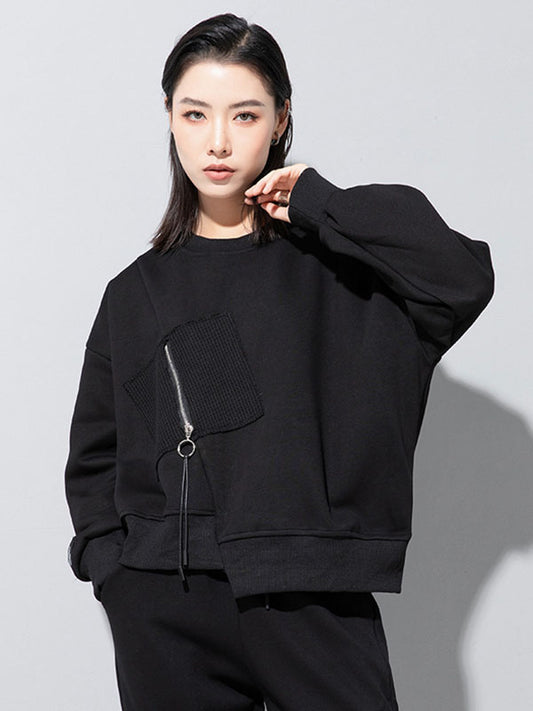 Casual Loose Long Sleeves Asymmetric Solid Color Zipper Round-Neck Sweatshirt Tops