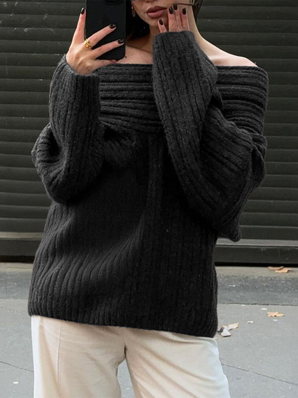 Long Sleeves Loose Solid Color Split-Joint Off-The-Shoulder Pullovers Sweater Tops