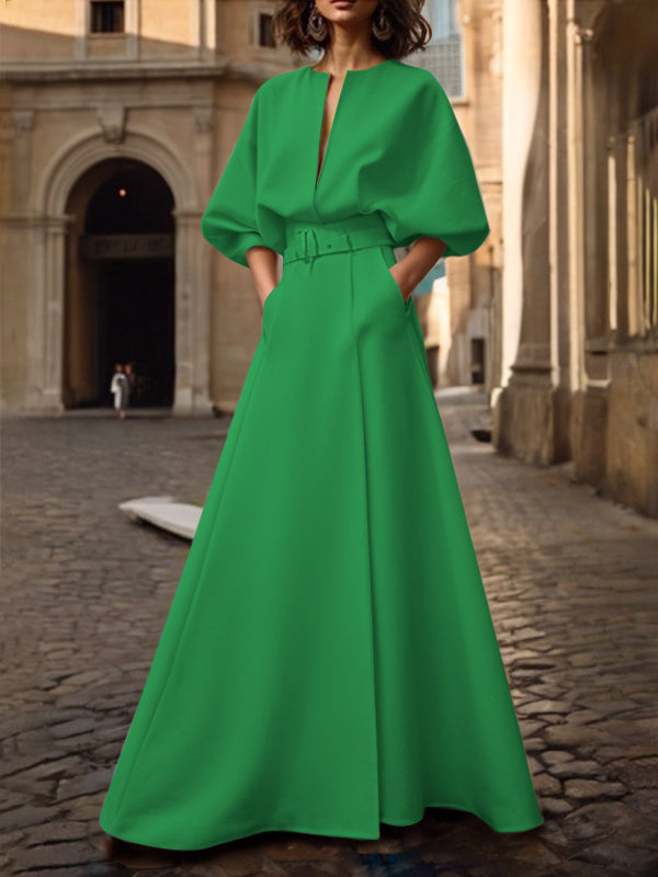Half Sleeves Loose Belted Solid Color Deep V-Neck Maxi Dresses