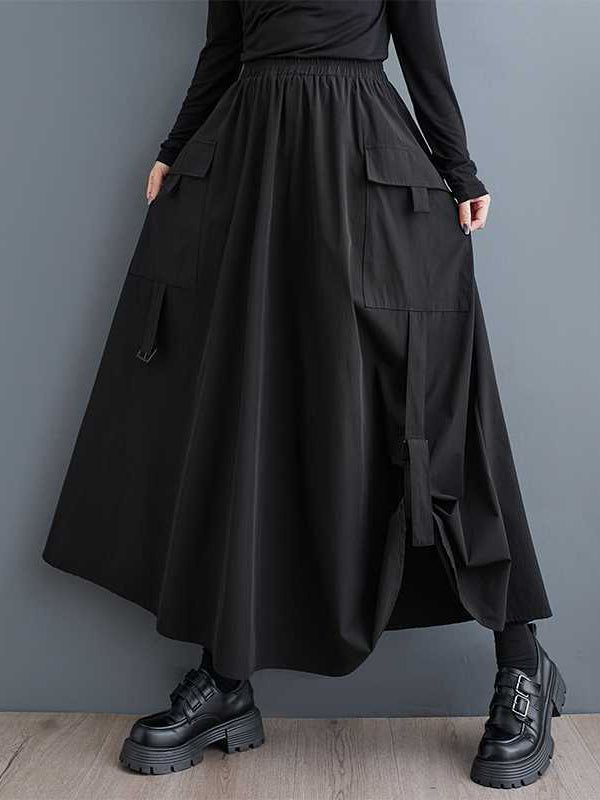 A-Line Loose Elasticity Pleated Pockets Solid Color Split-Joint Skirts Bottoms