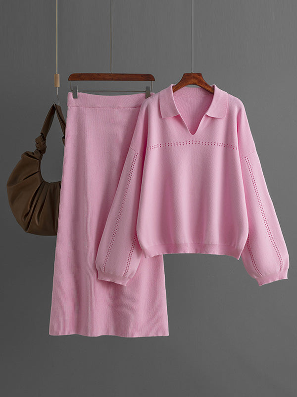 Loose Puff Sleeves Hollow Solid Color Sweater + Elasticity Skirt Two Pieces Set