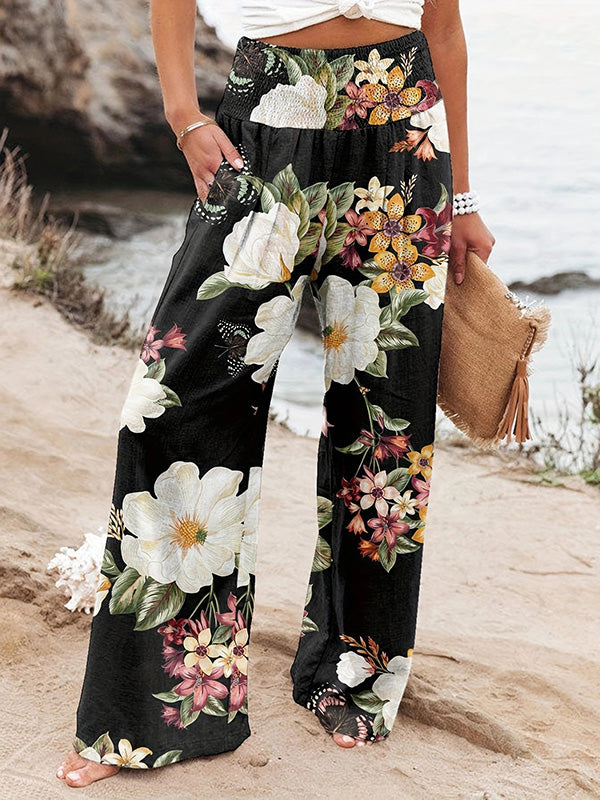 High Waisted Loose Elasticity Flower Print Pleated Pockets Pants Trousers