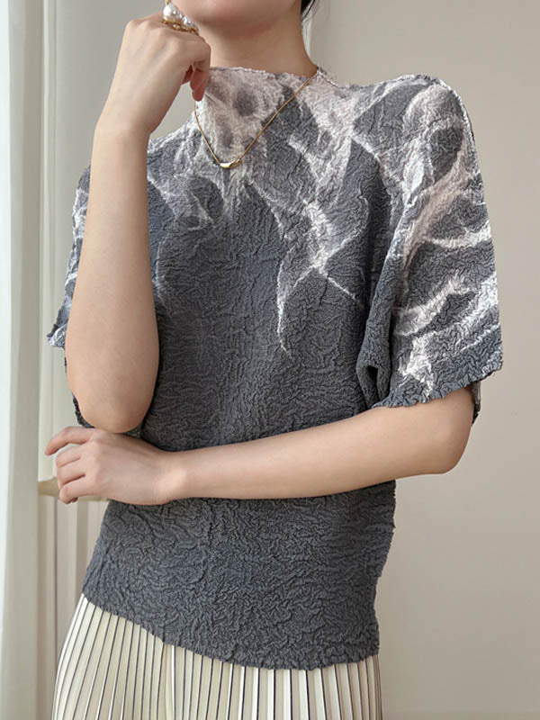 Loose Short Sleeves Contrast Color Pleated Printed Mock Neck T-Shirts Tops