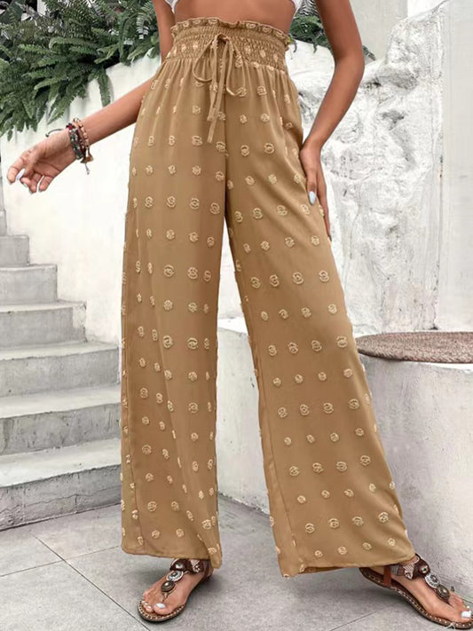 High Waisted Loose Drawstring Elasticity Jacquard Solid Color Pants Trousers