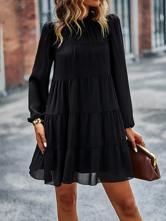 A-Line Bishop Sleeve Elasticity Pleated Solid Color Split-Joint Tied Mock Neck Mini Dresses