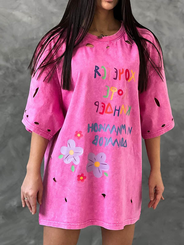 Half Sleeves Loose Printed Ripped Round-Neck T-Shirts