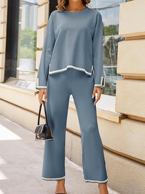 High-Low Long Sleeves Contrast Color Split-Side Round-Neck Sweater Top + Pants Bottom Two Pieces Set
