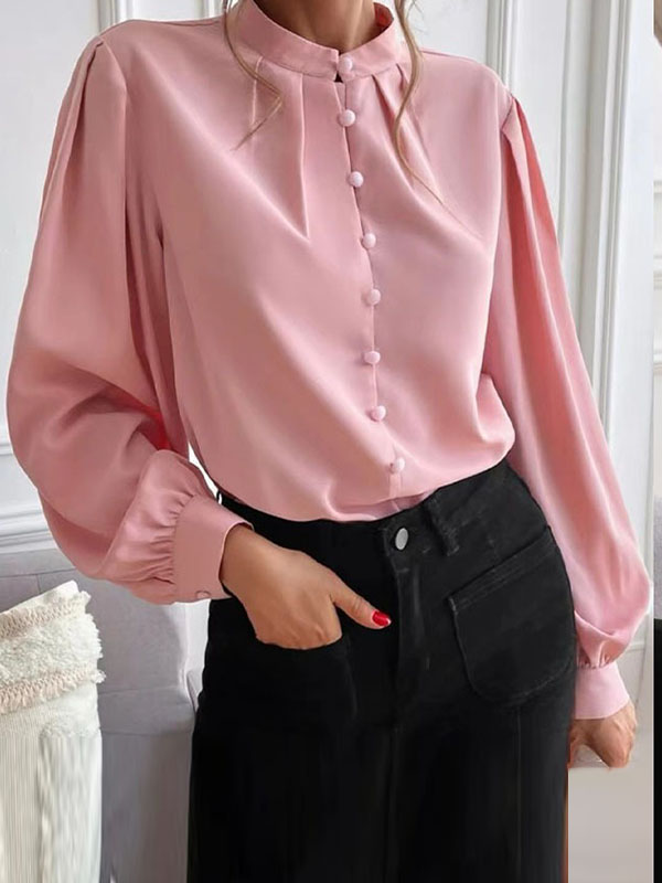 Loose Puff Sleeves Pleated Solid Color Split-Joint Stand Collar Blouses