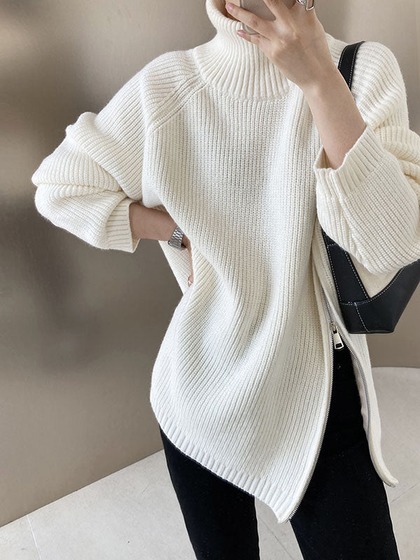Urban Loose Long Sleeves Split-Side Solid Color Zipper Halter-Neck Sweater Tops
