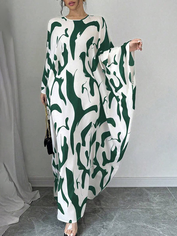 Batwing Sleeves Loose Contrast Color Printed Round-Neck Maxi Dresses