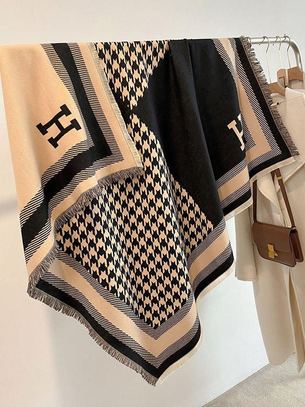 Contrast Color Fringed Houndstooth Keep Warm Printed Striped Shawl&Scarf