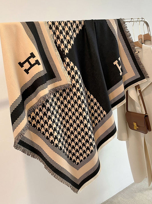 Contrast Color Fringed Houndstooth Keep Warm Printed Striped Shawl&Scarf